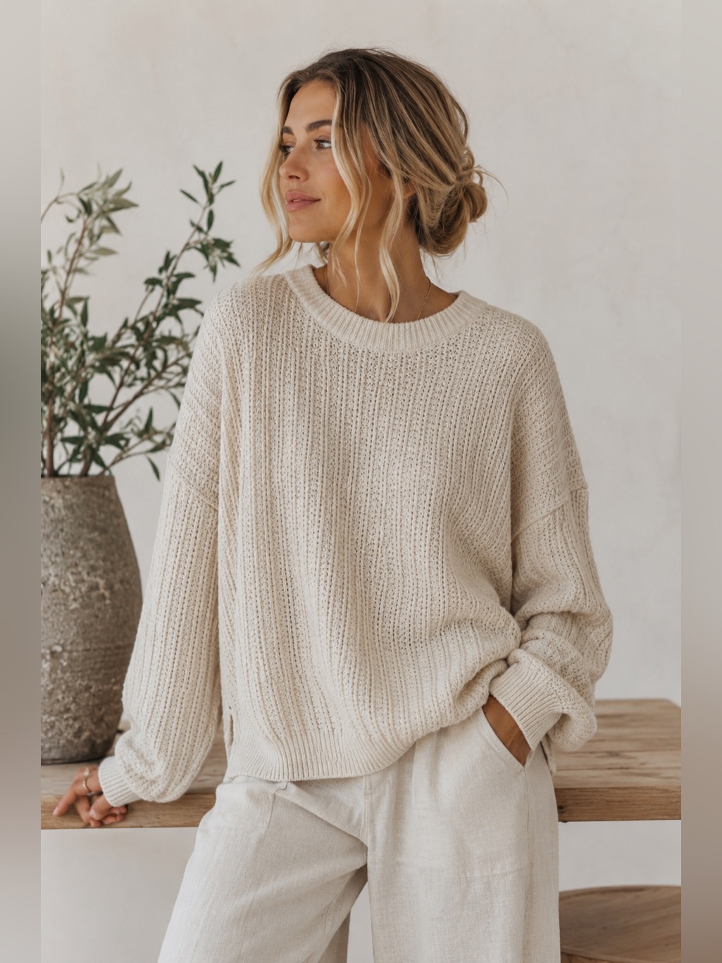 Fenn Wright Manson Ivory Chunky Fisherman Sweater Coastal Grandmother Cozy M